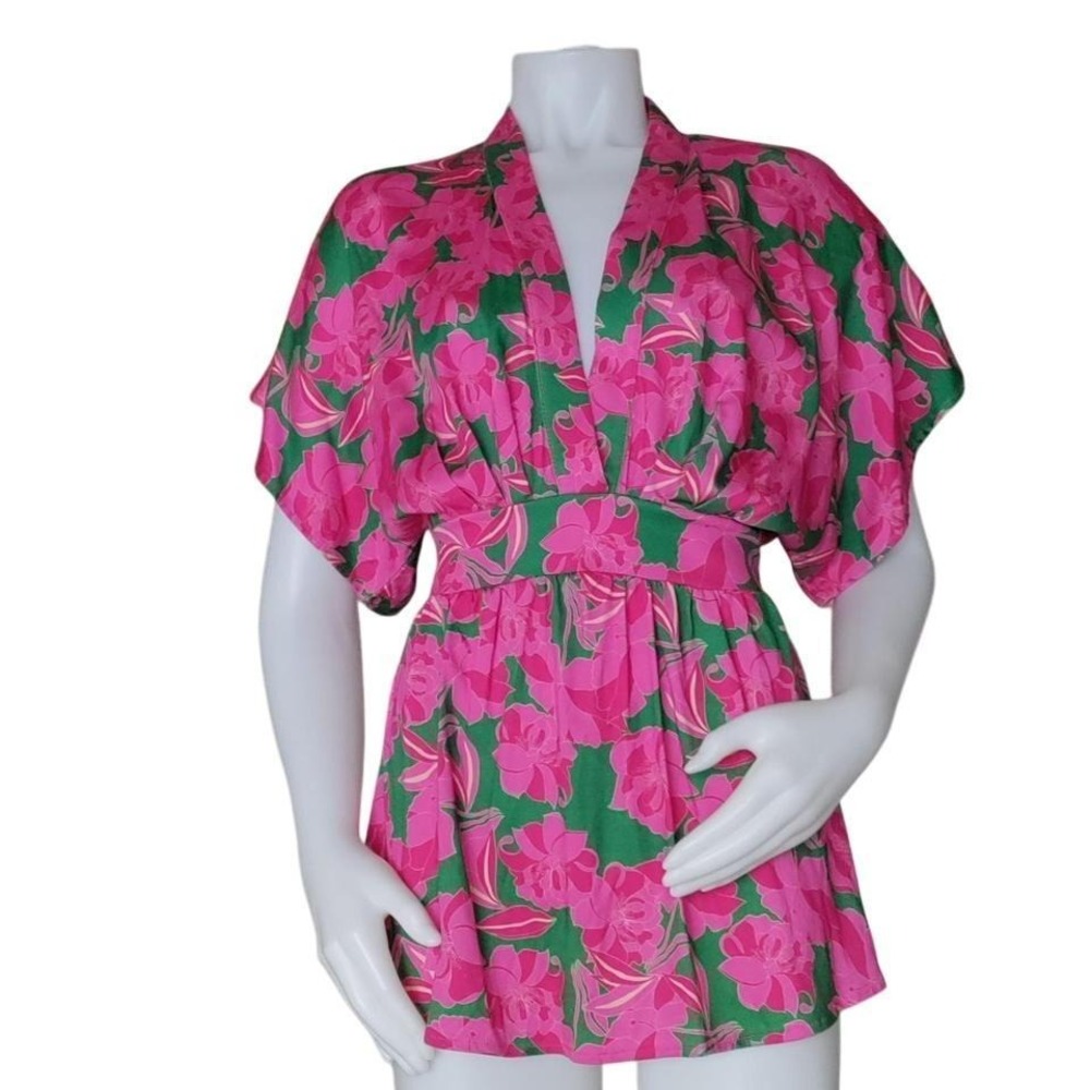 Les Bourdelles Des Garcons Pink Green Floral V-Neck Elastic Waist Blouse Top